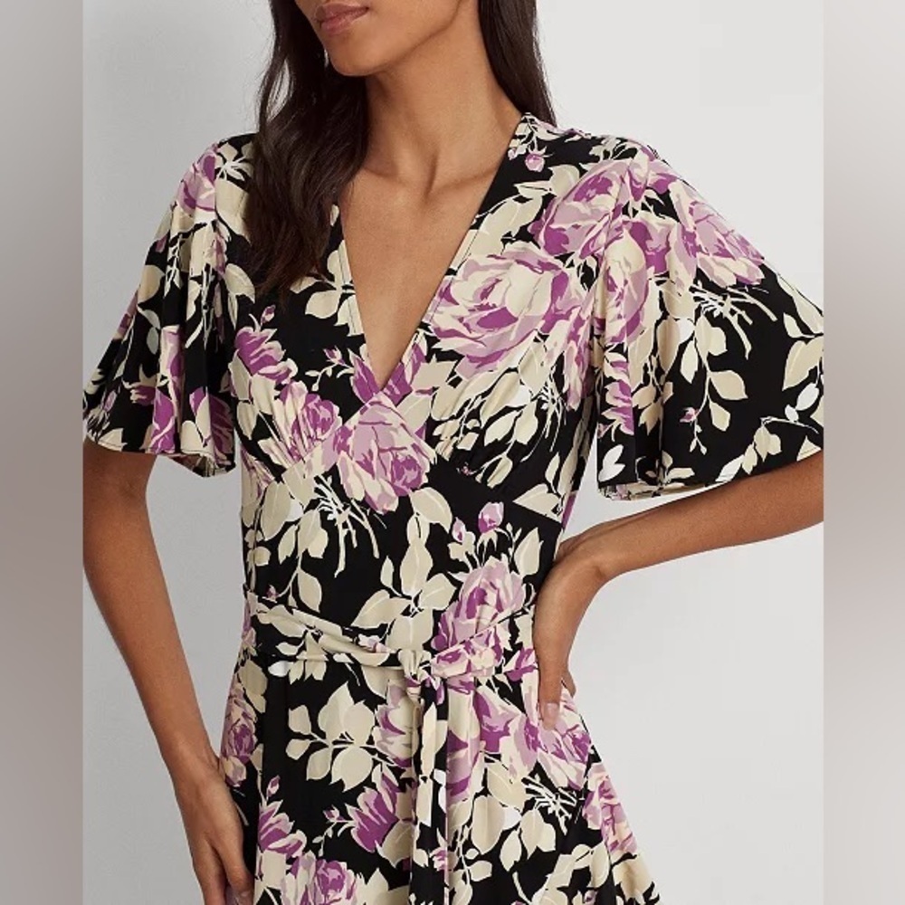 Lauren Ralph Lauren Floral Belted Faux Wrap Purple Cream Black Jersey Dress 4 - Picture 2 of 16